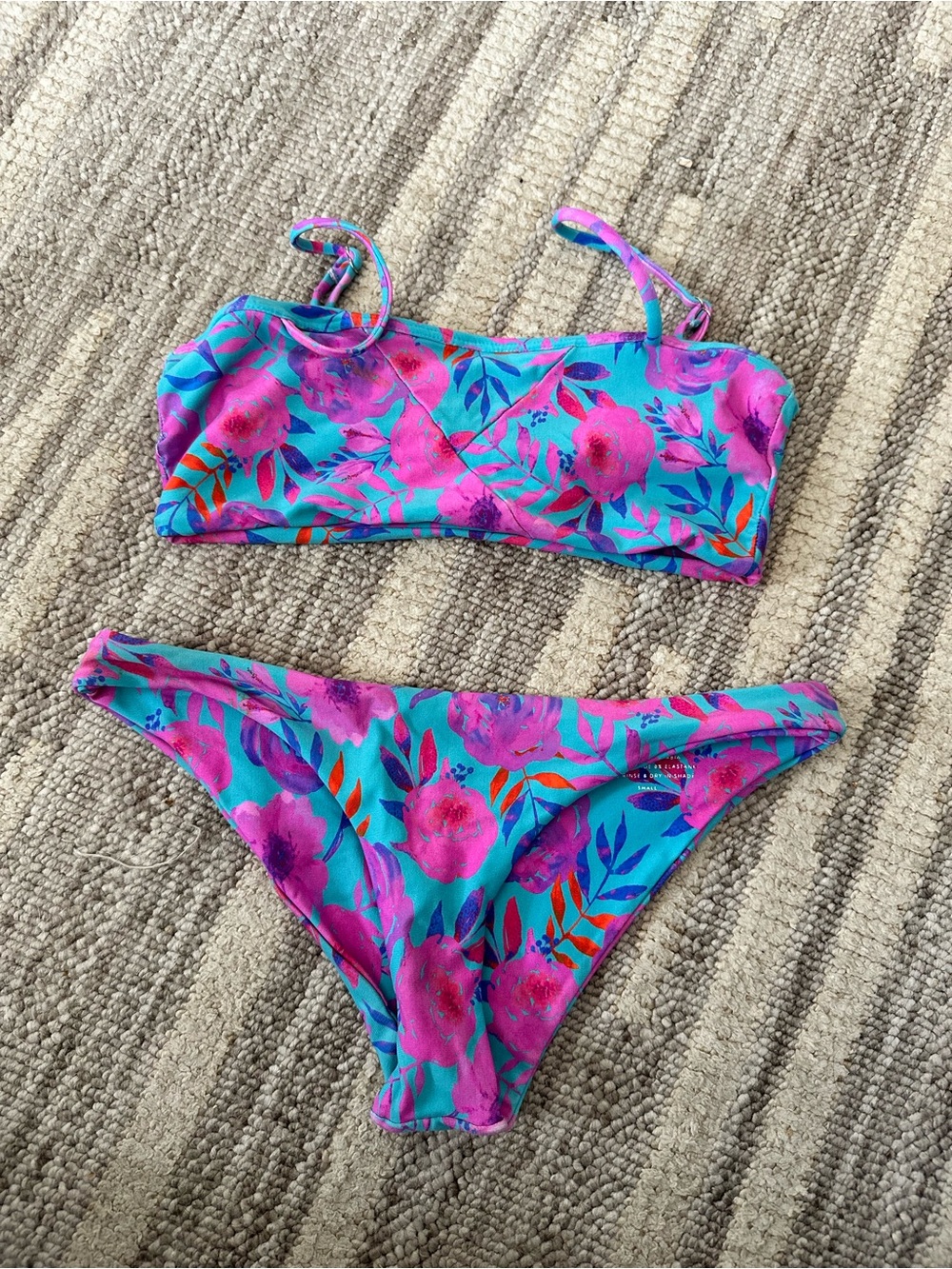 Floral Bandeau Bikini Set - Turquoise & Pink